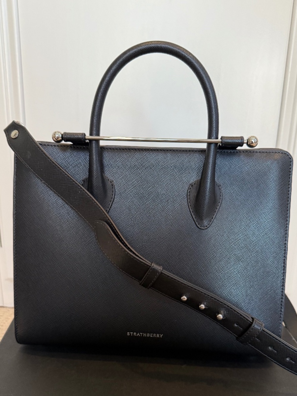 Strathberry midi tote (black leather/silver hardware) new without tags